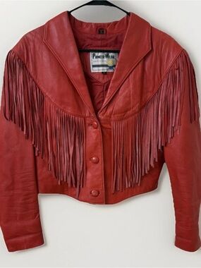 80s Cropped Red Leather Fringe Motorcycle Jacket 8 Western Cowgirl Festival Rock
